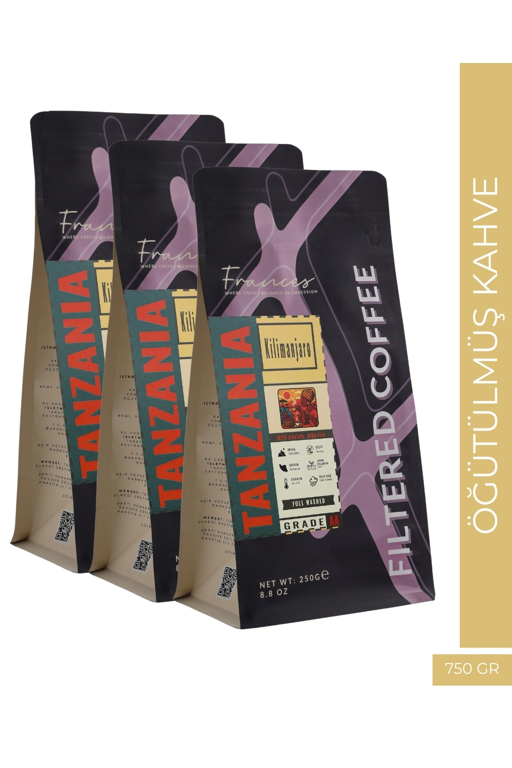 %100 Arabica Tanzani Kilimanjaro | Öğütülmüş Filtre Kahve | 3*250 GR | Orta-Yüksek Yoğunluk - Görsel 1