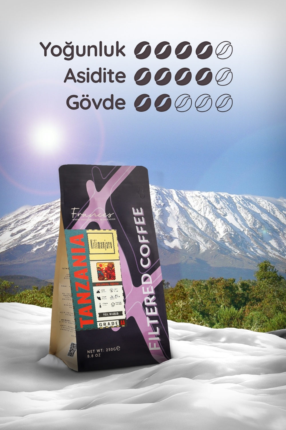 %100 Arabica Tanzani Kilimanjaro| Çekirdek Filtre Kahve | 250 GR | Orta-Yüksek Yoğunluk - Görsel 4