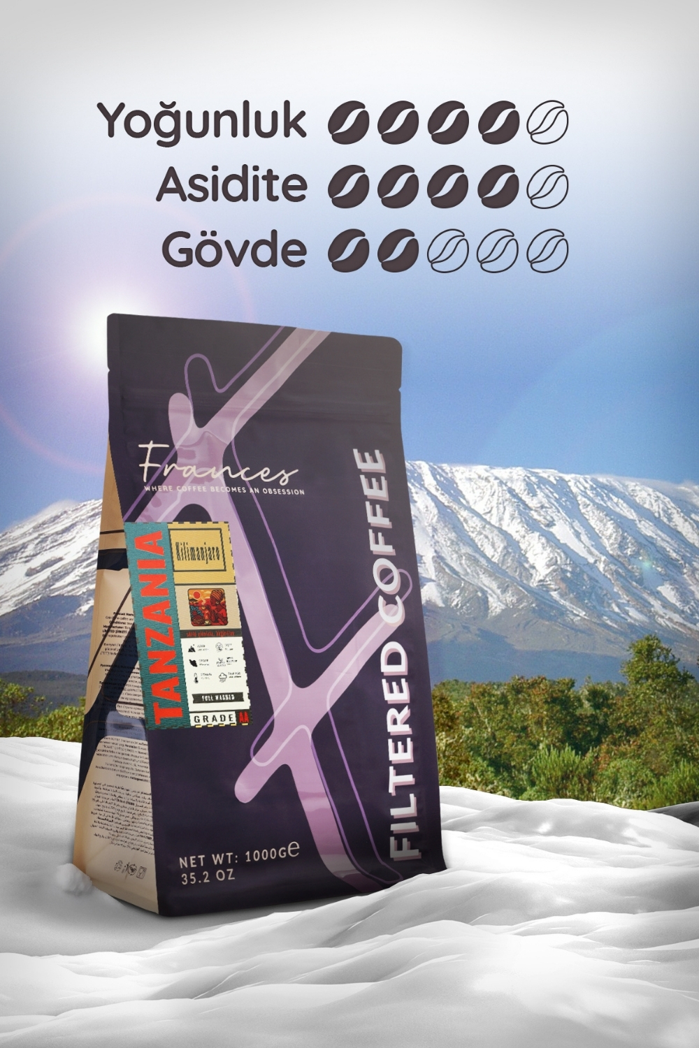 %100 Arabica Tanzani Kilimanjaro | Öğütülmüş Filtre Kahve | 1000 GR | Orta-Yüksek Yoğunluk - Görsel 4