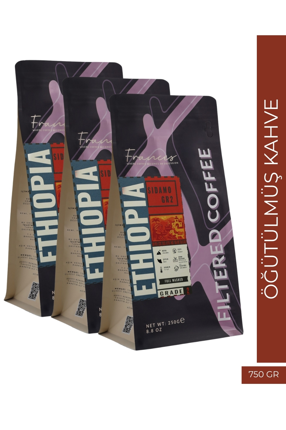 %100 Arabica Ethiopia Sidamo GR2 | Öğütülmüş Filtre Kahve | 3*250 GR | Orta-Yüksek Yoğunluk - Görsel 1