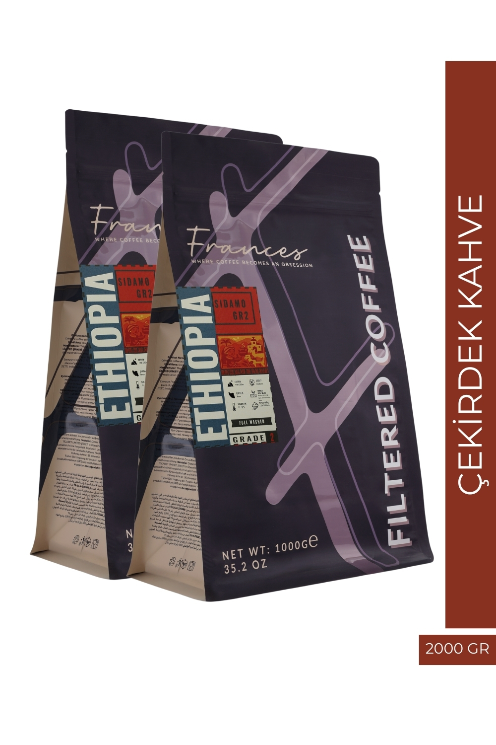 %100 Arabica Ethiopia Sidamo GR2 | Çekirdek Filtre Kahve | 2*1000 GR | Orta-Yüksek Yoğunluk - Görsel 1
