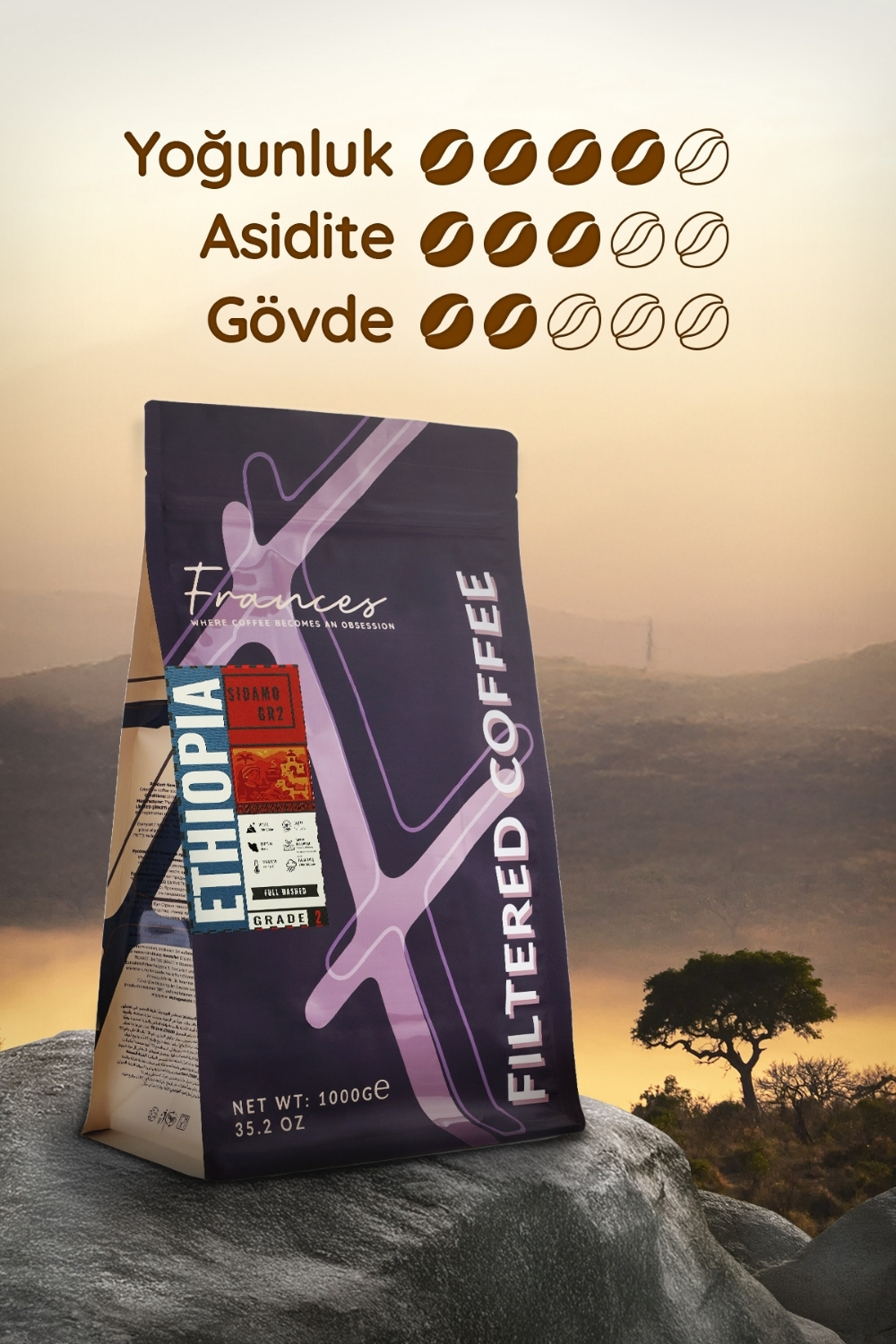 %100 Arabica Ethiopia Sidamo GR2 | Öğütülmüş Filtre Kahve | 2*1000 GR | Orta-Yüksek Yoğunluk - Görsel 4
